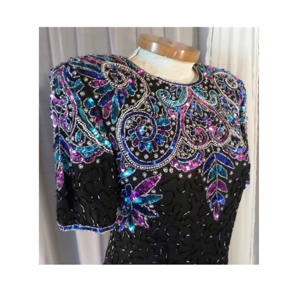 Silk Size 6 Dress Bead Sequin Black Red Gold VTG - Picture 7 of 8